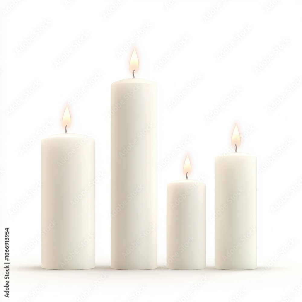 A row of four white candles are lit, creating a warm and cozy atmosphere A row of four white candles are lit, creating a warm and cozy atmosphere