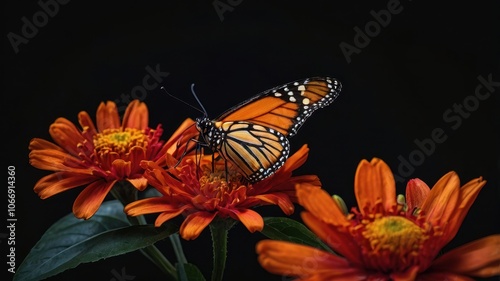 Monarch Butterfly with Orange Wings Resting on Red Marigold Flowers