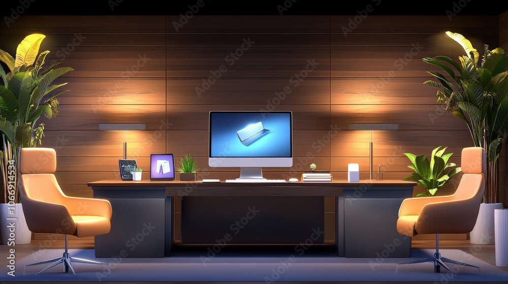 A sophisticated corporate office background with sleek design elements, dark wood finishes, and low lighting, ideal for illustrating professionalism and modern aesthetics. A sophisticated corporate office background with sleek design elements, dark wood finishes, and low lighting, ideal for illustrating professionalism and modern aesthetics.