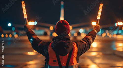 A marshaller holds a light stick to guide the pilot to park the plane.
