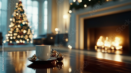 Warmly lit fireplace surrounded by twinkling lights and Christmas ornaments, with a sparkling tree in the background, casting a cozy glow over holiday decorations and creating a jo photo