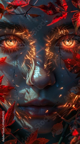 Glowing Eyes in Autumn Leaves: A Mystical Fantasy Portrait