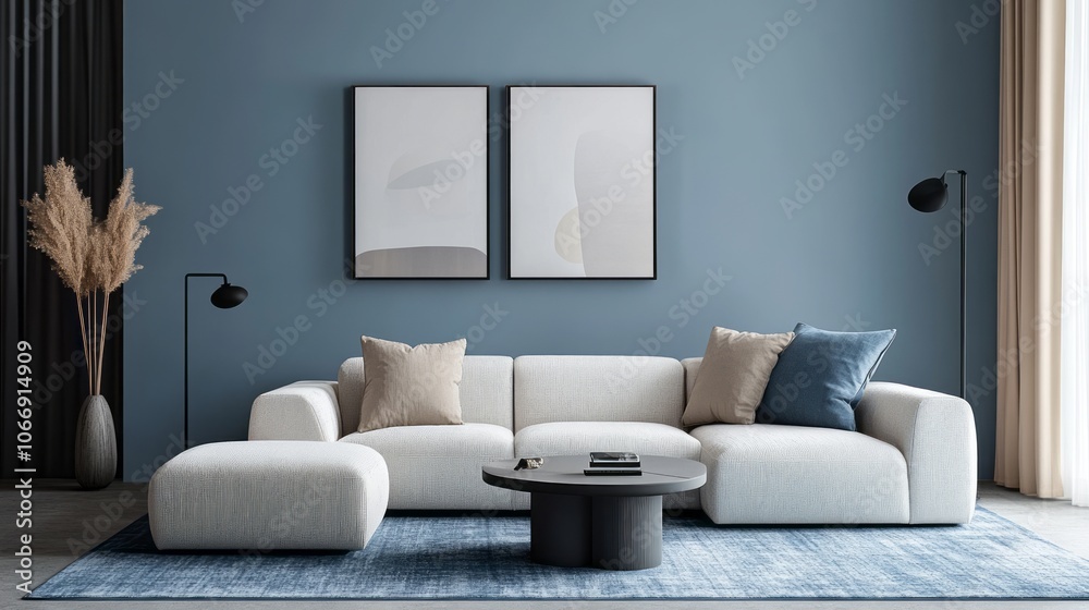 Fototapeta premium Modern Living Room Interior with White Sofa, Blue Rug, and Abstract Art