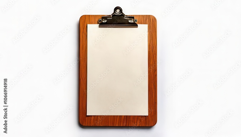 An isolated mock up of a wooden clipboard with blank paper on a white isolated background. Generated image An isolated mock up of a wooden clipboard with blank paper on a white isolated background. Generated image