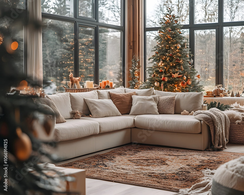 Cozy living room adorned with festive Christmas decorations, featuring a plush beige sectional sofa, a beautifully decorated Christmas tree, and large windows offering a scenic forest view. photo