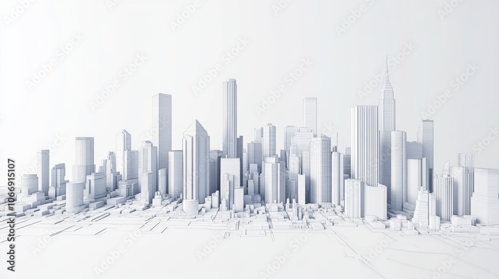 Naklejka premium 3D Wireframe Illustration of Modern City Skyline, Architectural Design Concept