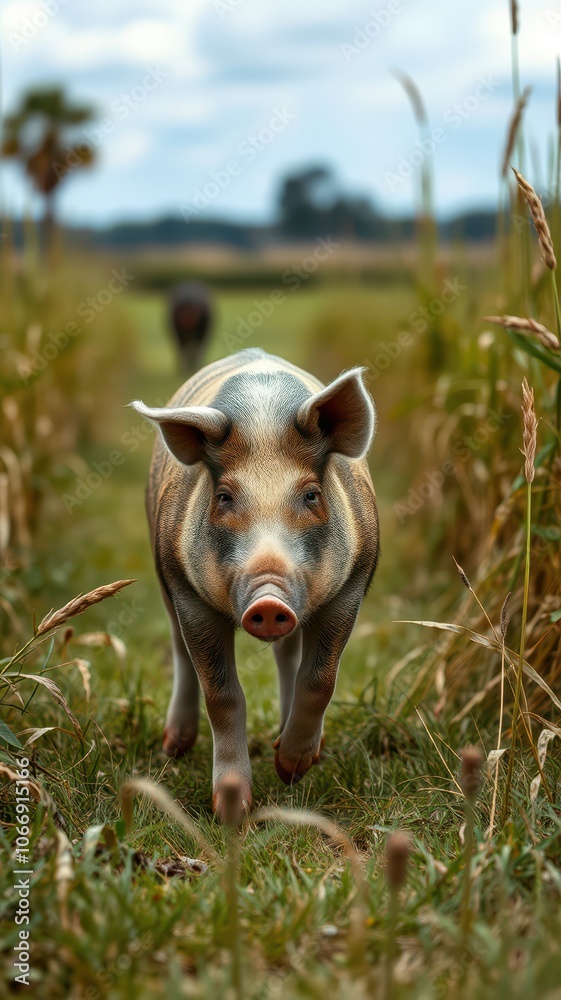 A pig walks through tall grass on a cloudy day A pig walks through tall grass on a cloudy day
