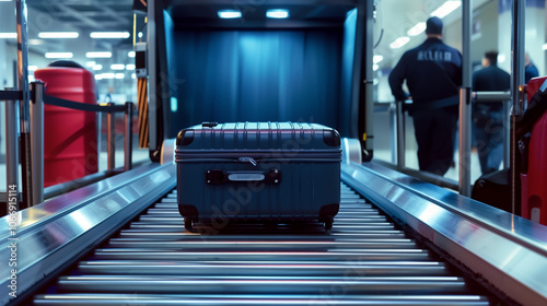 A suitcase enters x-ray screening at the airport.