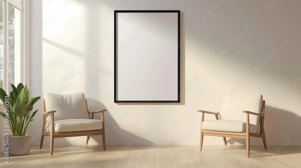 Elegant Scandinavian-inspired room with two light-colored armchairs, a large black-framed poster on a white wall, and carefully curated minimalist decor, exuding warmth and a sleek Elegant Scandinavian-inspired room with two light-colored armchairs, a large black-framed poster on a white wall, and carefully curated minimalist decor, exuding warmth and a sleek