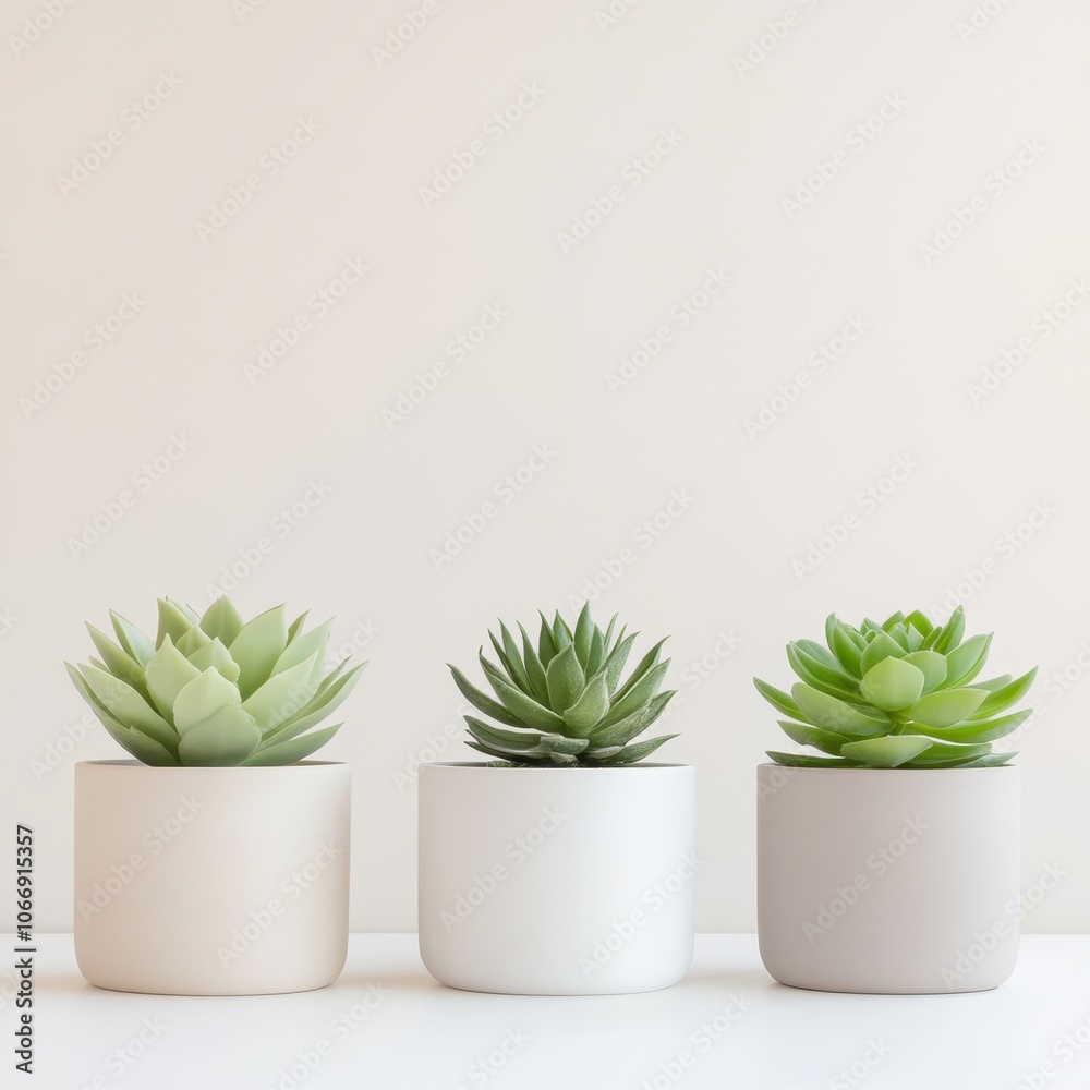 Three potted plants with green leaves sit on a white table Three potted plants with green leaves sit on a white table