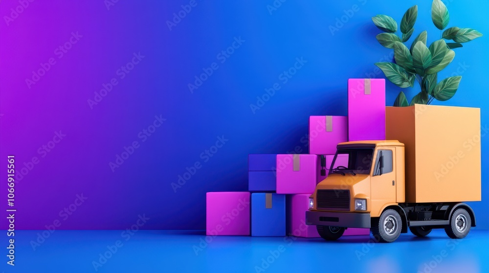 A delivery truck or cargo vehicle against a vibrant gradient pink blue and purple abstract backdrop with geometric boxes cubes and a small plant or tree element A delivery truck or cargo vehicle against a vibrant gradient pink blue and purple abstract backdrop with geometric boxes cubes and a small plant or tree element