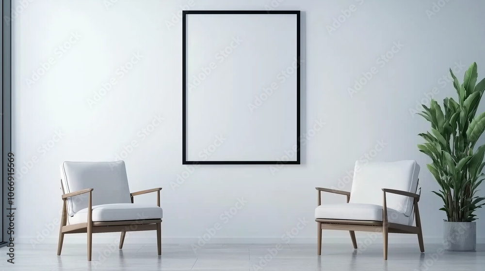 Minimalist Scandinavian-style room featuring two armchairs and a large framed poster on a clean white wall, soft natural light enhancing the warmth and simplicity of the design. Minimalist Scandinavian-style room featuring two armchairs and a large framed poster on a clean white wall, soft natural light enhancing the warmth and simplicity of the design.