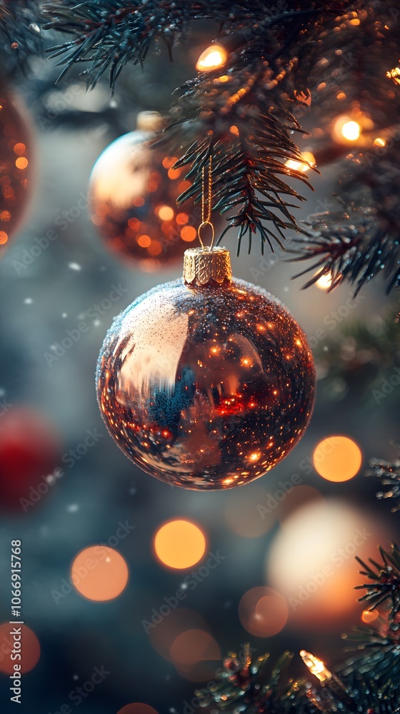 Close-up of a shimmering glass ornament on a Christmas tree with soft bokeh lights. Close-up of a shimmering glass ornament on a Christmas tree with soft bokeh lights.