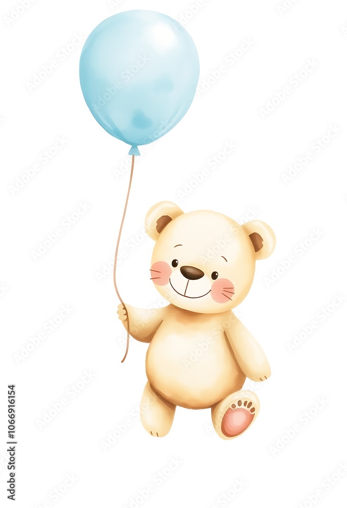 Watercolor illustration of a cute teddy bear holding a blue balloon floating in the air, perfect for baby shower invitations, greeting cards, and children's book illustrations Watercolor illustration of a cute teddy bear holding a blue balloon floating in the air, perfect for baby shower invitations, greeting cards, and children's book illustrations