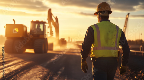 In the midst of a highway expansion project, a worker guides machinery operators, while dust and materials fill the scene, representing the industrious spirit of modern infrastruct photo