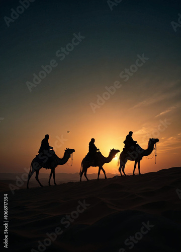 three silhouette of the Magi are riding camels in the desert at sunset