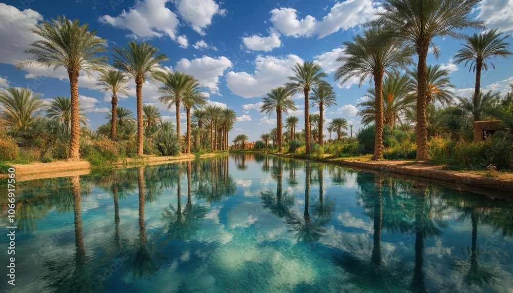 Clouds reflecting on tranquil oasis water surrounded by lush palm trees Clouds reflecting on tranquil oasis water surrounded by lush palm trees