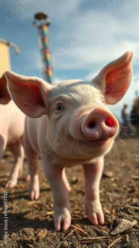 A piglet with pink skin walks on dirt at a fair