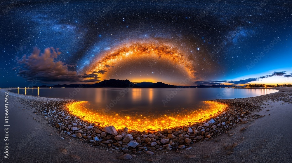 Milky Way Arch Over Lake with Glowing Stones and Mountains Milky Way Arch Over Lake with Glowing Stones and Mountains