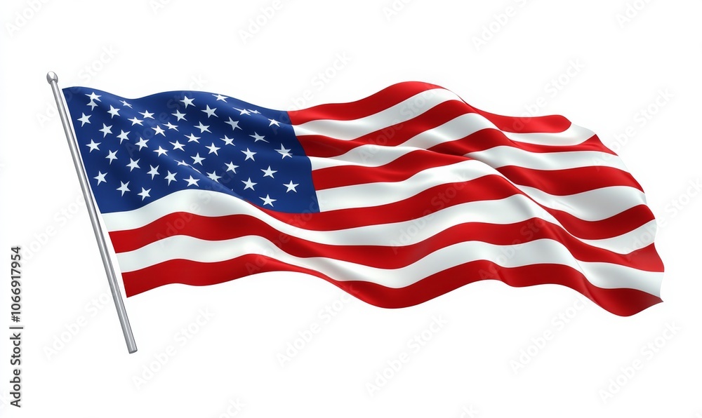 Obraz premium 3D USA flag waving in the wind, with realistic folds and movement, isolated on a white background