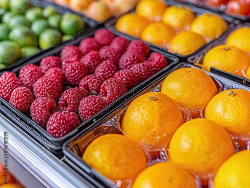 Wallpaper Mural Close-up of assorted fresh fruits, including raspberries, oranges, and limes, displayed in plastic containers at a grocery store. Torontodigital.ca