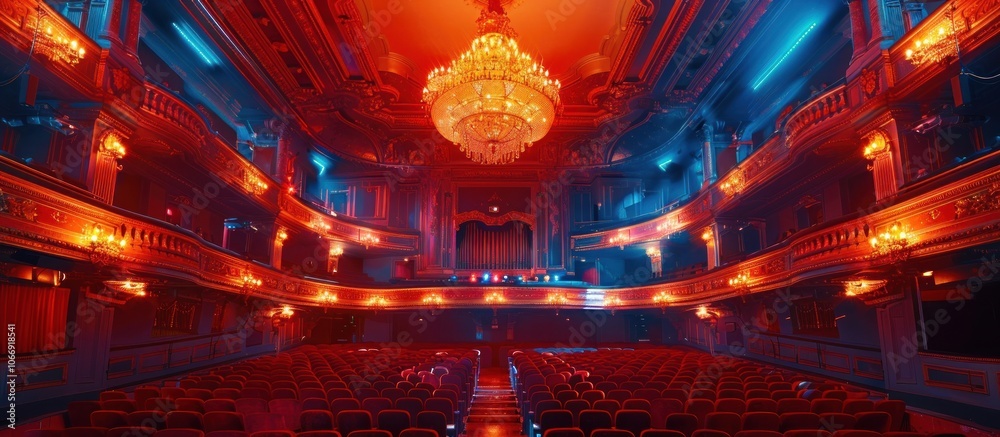 Obraz premium Empty theater seats in a historic building with a large chandelier.