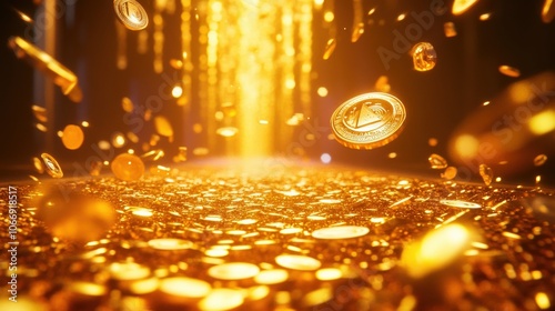 Excitement fills the air as a player wins a jackpot in a lively casino. Golden coins rain down, creating a festive atmosphere filled with joy and anticipation
