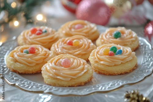 Vintage Gem Rose biscuits, each topped with colorful candy, perfect for a traditional holiday spread with an old-school festive vibe