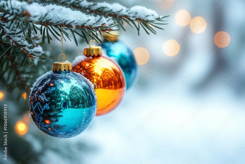 Beautifully decorated Christmas ornaments hang on a snow-covered pine tree in a serene winter landscape during the holiday season Beautifully decorated Christmas ornaments hang on a snow-covered pine tree in a serene winter landscape during the holiday season