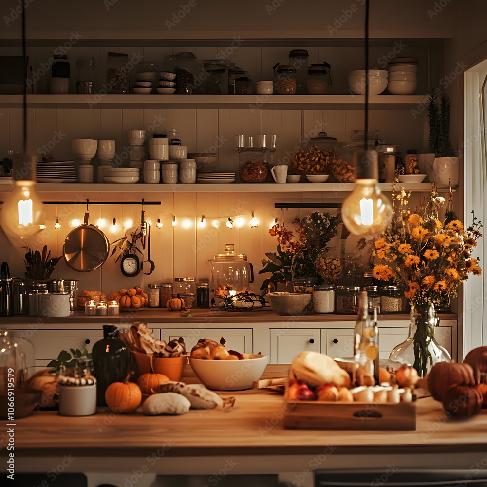 Warm and cozy rustic kitchen interior with autumn decorations, featuring pumpkins, flowers, and ambient lighting, creating a homely and inviting seasonal atmosphere.