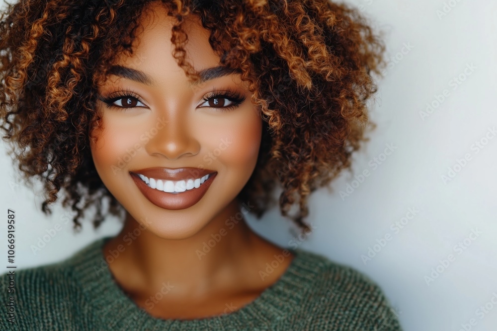 A woman with curly hair and a green sweater is smiling A woman with curly hair and a green sweater is smiling