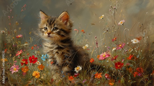 Adorable kitten sitting among colorful wildflowers in field