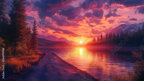 Picturesque sunset illuminating the lake and a nearby road with warm hues of orange and pink