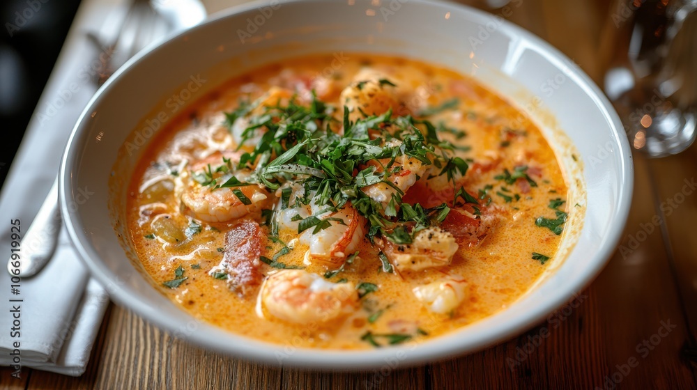 Top View of Creamy Seafood Chowder with Fresh Herbs and Shrimp in White Bowl, Ideal for Comfort Food and Gourmet Cuisine Concepts Top View of Creamy Seafood Chowder with Fresh Herbs and Shrimp in White Bowl, Ideal for Comfort Food and Gourmet Cuisine Concepts