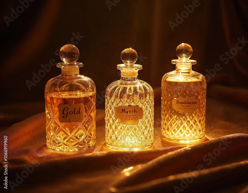 three elegant and antique glass jar with gold trim and each labeled as gold, frankincense, and myrrh on the table