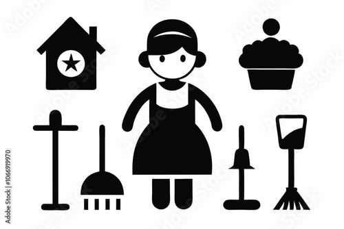 Set of Maid Service Cleaning black Icons Vector on white background