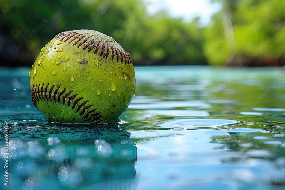 A Wet Baseball Floating on Clear Blue Water A Wet Baseball Floating on Clear Blue Water