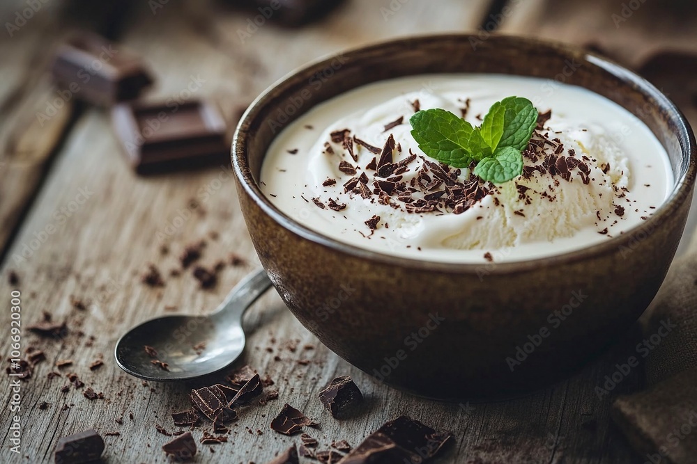 A bowl of creamy vanilla ice cream with fresh mint leaves and a drizzle of chocolate sauce, Rustic wooden table, a silver spoon, and chocolate shavings scattered around, Rustic, warm, generative ai A bowl of creamy vanilla ice cream with fresh mint leaves and a drizzle of chocolate sauce, Rustic wooden table, a silver spoon, and chocolate shavings scattered around, Rustic, warm, generative ai