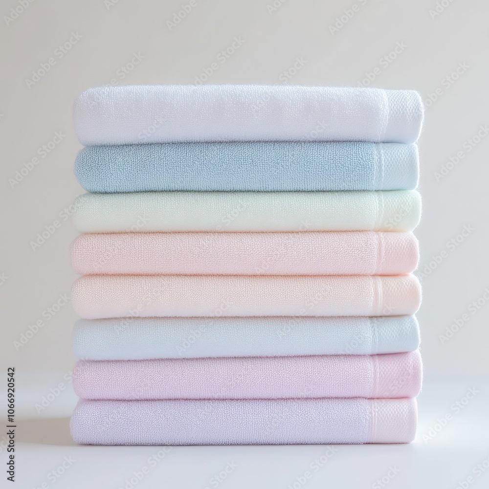 A stack of towels in various colors, including pink, blue, and white A stack of towels in various colors, including pink, blue, and white