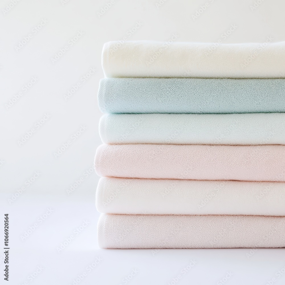 A stack of towels in various colors, including white, pink, and green A stack of towels in various colors, including white, pink, and green