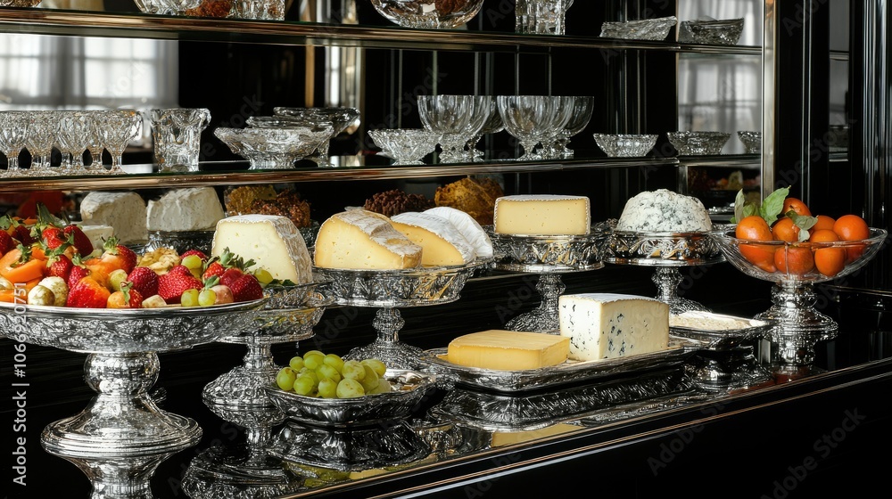 Elegant Cheese and Fruit Display on Silver Platter Elegant Cheese and Fruit Display on Silver Platter