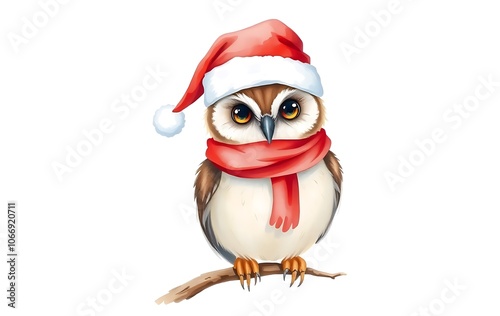 Watercolor painting of an adorable owl wearing a santa hat and scarf, perched on a branch, evoking a heartwarming christmas spirit