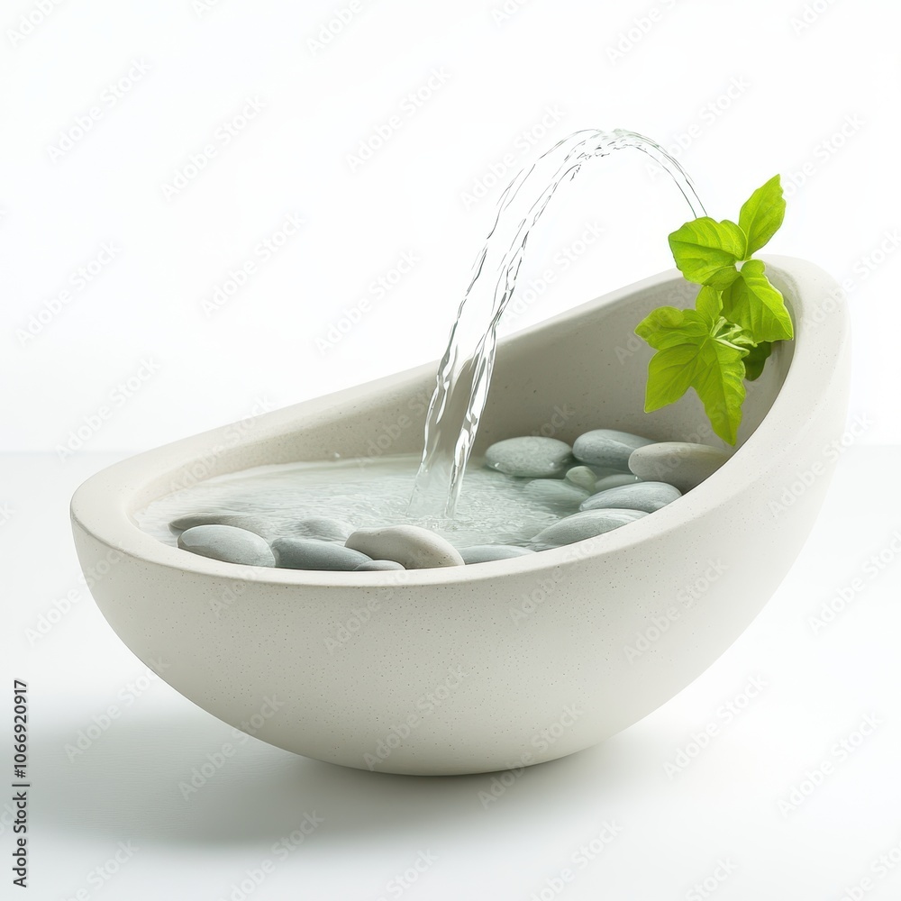 A white bowl with a small stream of water and a leaf floating on top A white bowl with a small stream of water and a leaf floating on top
