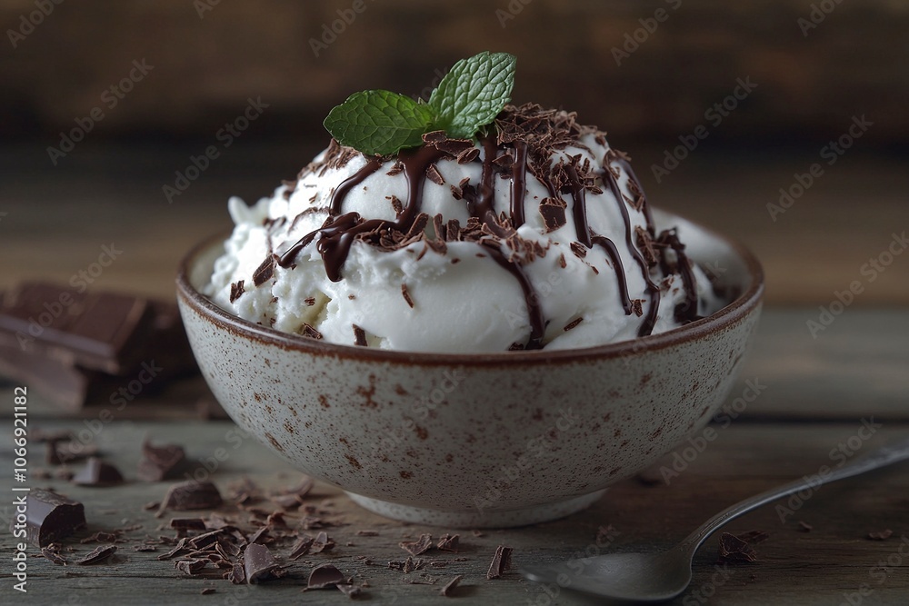 A bowl of creamy vanilla ice cream with fresh mint leaves and a drizzle of chocolate sauce, Rustic wooden table, a silver spoon, and chocolate shavings scattered around, Rustic, warm, generative ai A bowl of creamy vanilla ice cream with fresh mint leaves and a drizzle of chocolate sauce, Rustic wooden table, a silver spoon, and chocolate shavings scattered around, Rustic, warm, generative ai