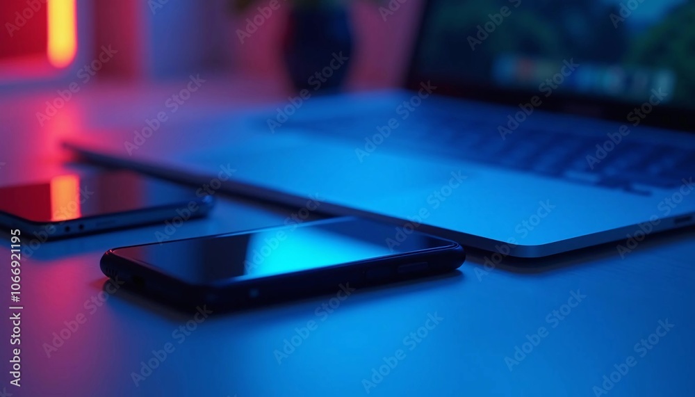 Modern Workspace with Smartphone and Laptop in Neon Lighting
Modern Workspace with Smartphone and Laptop in Neon Lighting