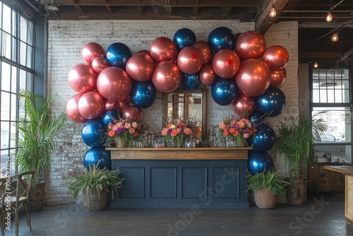 A Rustic Bar Decorated with a Balloon Arch and Flowers photo