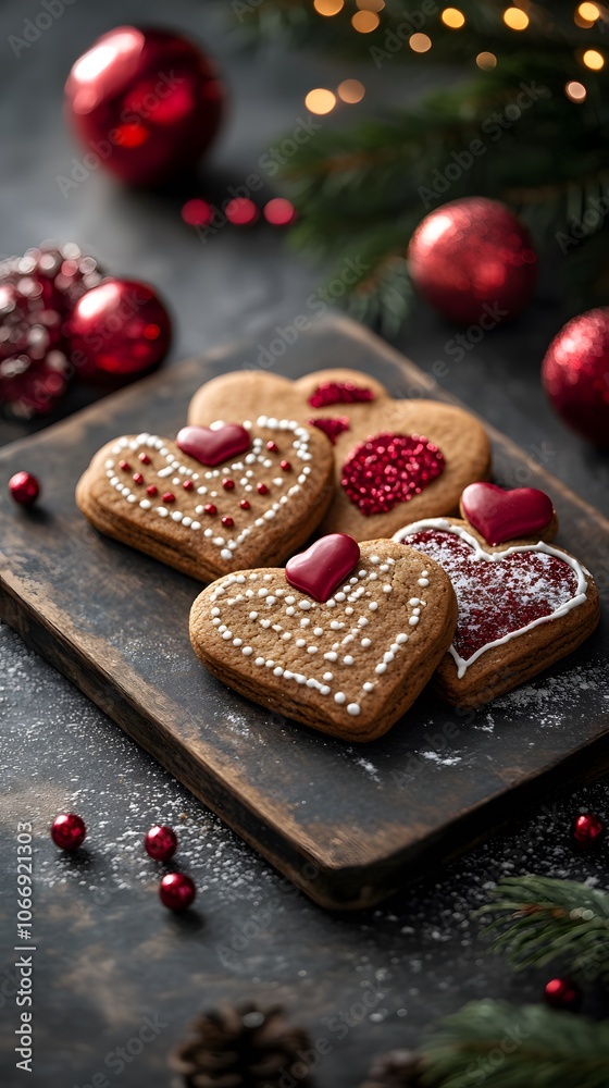 Festive heart-shaped cookies decorated with red and white icing, perfect for celebrations.