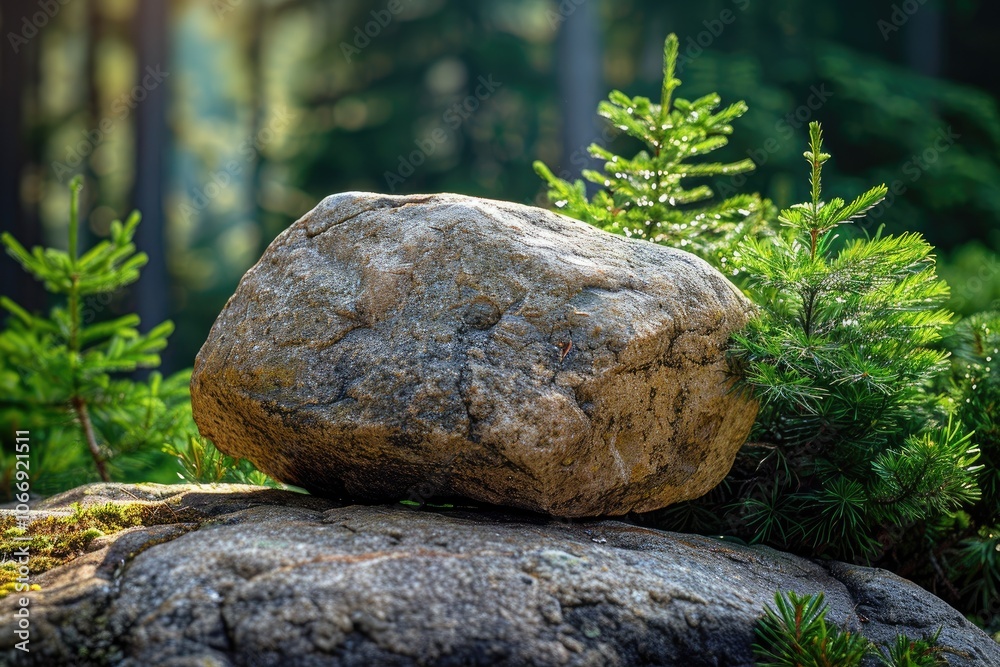 A Single Boulder Resting on a Larger Rock in a Forest Setting A Single Boulder Resting on a Larger Rock in a Forest Setting