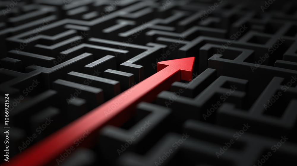 Red Arrow Leading Through Complex Black Maze Red Arrow Leading Through Complex Black Maze
