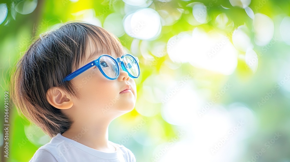 Young Child with Blue Glasses Focusing on a Distant Tree Outside the Window, Symbolizing Myopia Prevention and the Importance of Outdoor Activities Young Child with Blue Glasses Focusing on a Distant Tree Outside the Window, Symbolizing Myopia Prevention and the Importance of Outdoor Activities